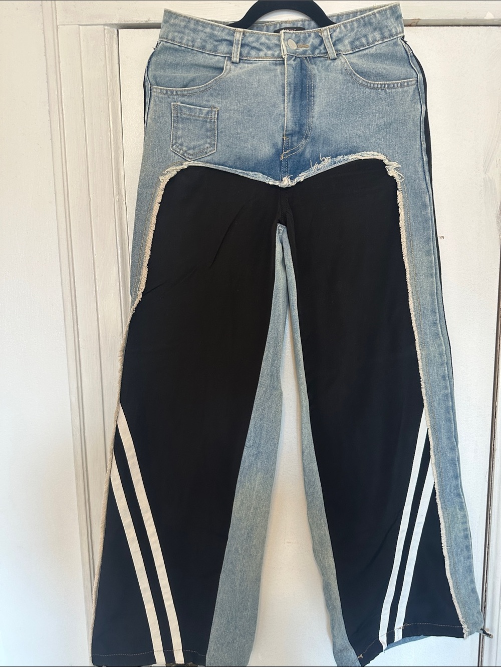 Micas Blue and Black Contrast Bootcut Jeans with Side Stripes